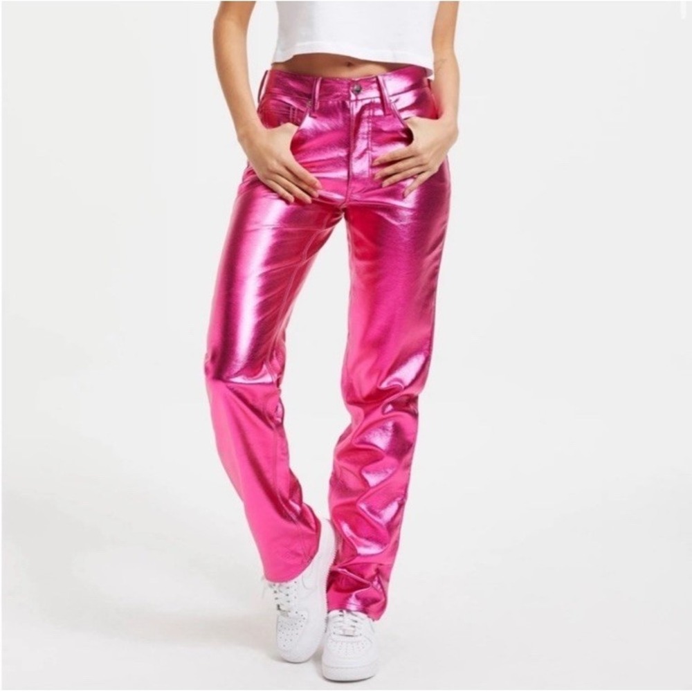 Good American Icon Faux Leather Pants Metallic Pink Straight Leg Women's Size 28
